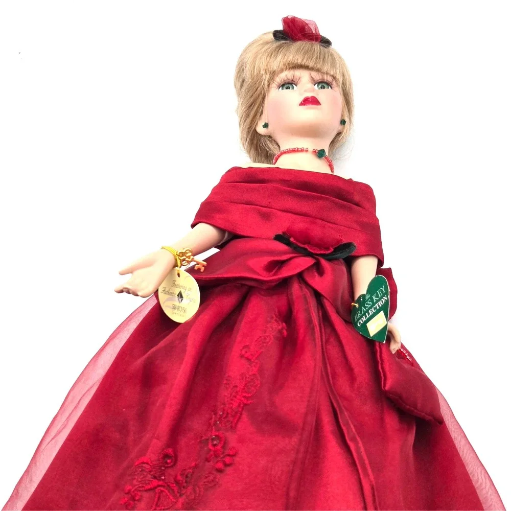 Vintage Camellia Garden Brass Key Swarovski Crystal Porcelain‎ Doll Red Gown